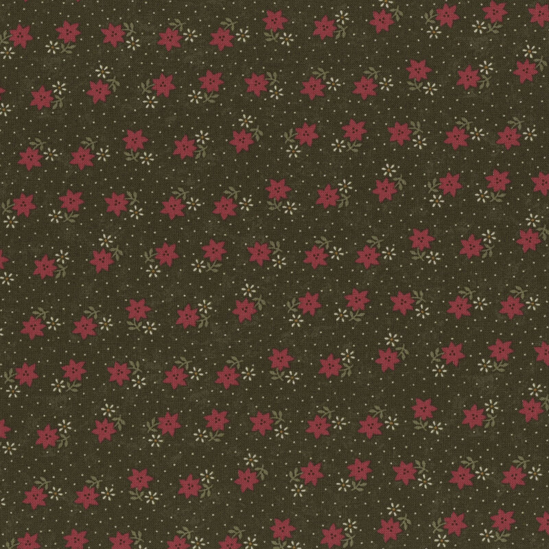 Dark green fabric pattern featuring red flowers and small white stars throughout.