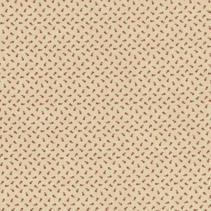 Beige fabric with a delicate, repeated pattern of small red and brown floral motifs.