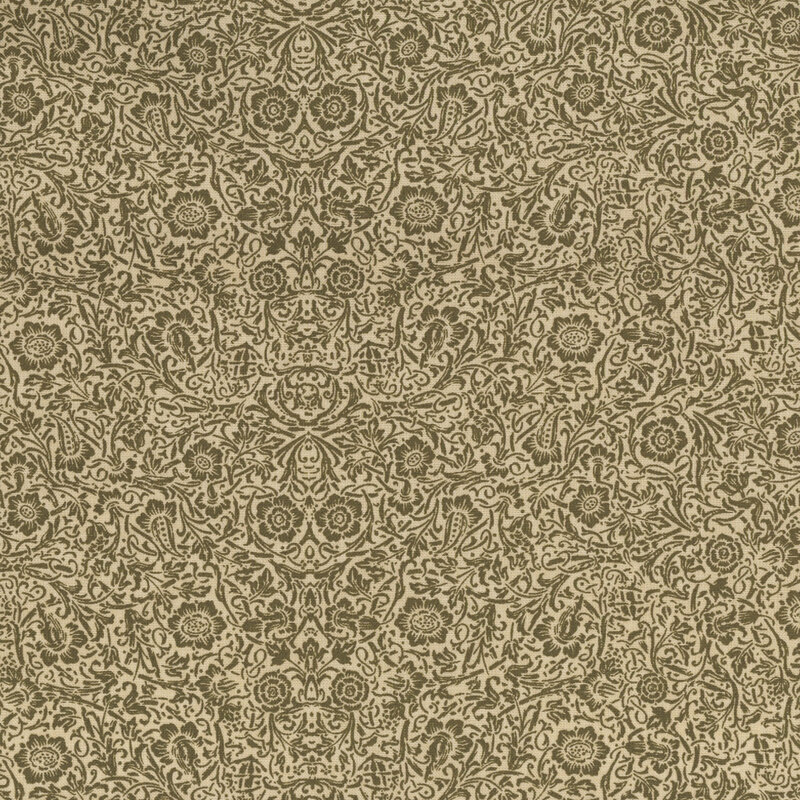 Intricate floral and swirling pattern in beige and gold tones. Elegant and detailed design.