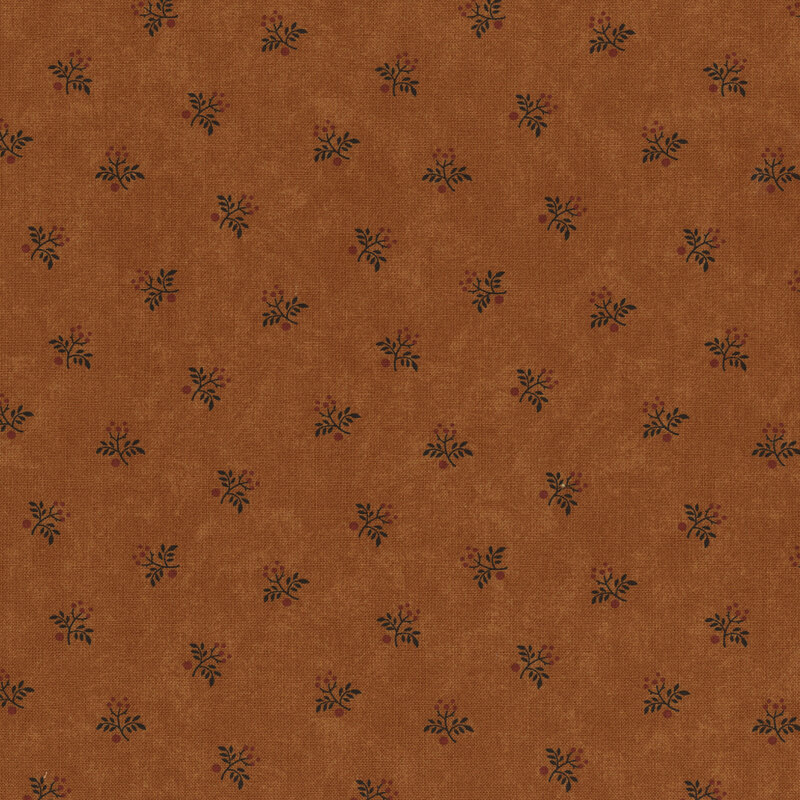 Brown textured background with small floral motifs in dark green and red.