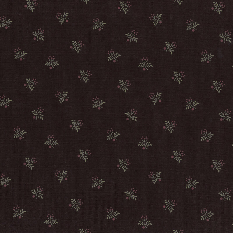 Dark fabric with a small floral pattern, featuring clusters of leaves and tiny flowers.