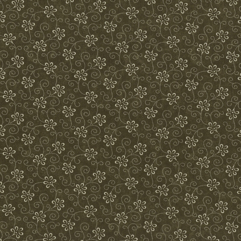 A dark olive green fabric pattern featuring small white floral designs and swirling lines.