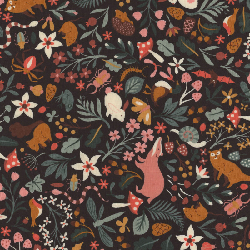 Dark brown fabric with scattered forest animals and springtime flowers and leaves.