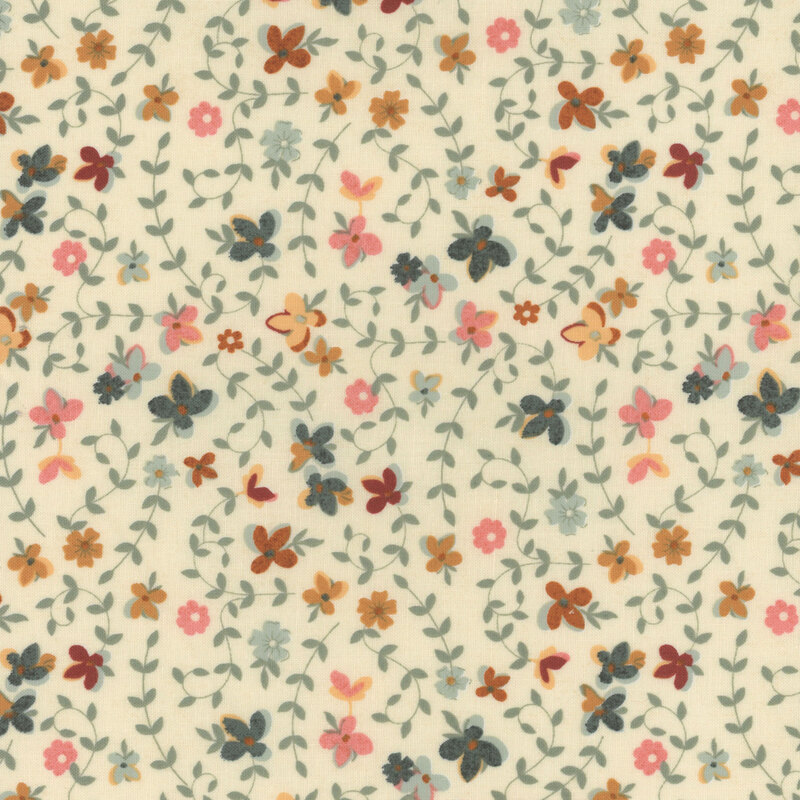 Cream fabric with scattered flowers and sprawling vines.