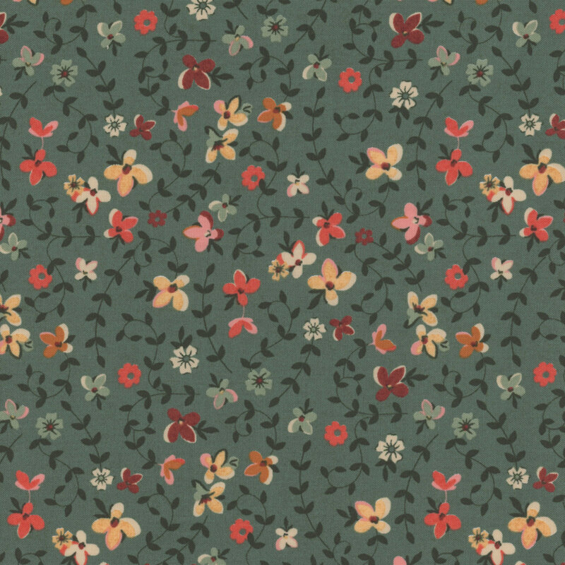 Dark eucalyptus green fabric with scattered flowers and sprawling vines.