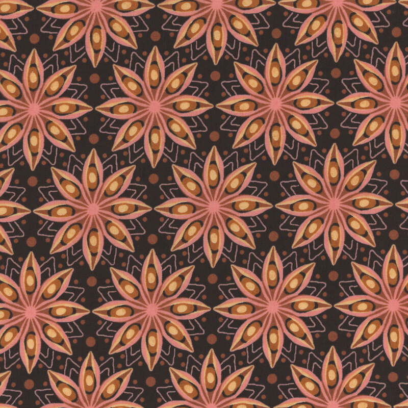 Dark brown fabric with star-shaped flowers in shades of pink and orange on a dotted background.