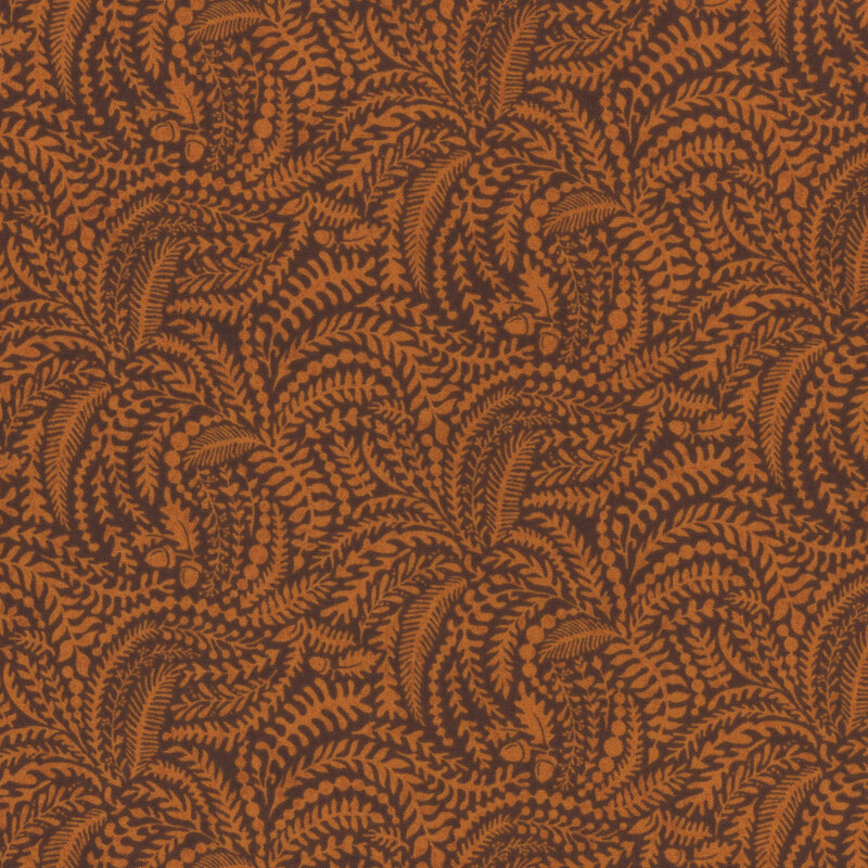 Yam fabric with a packed pattern of delicate ferns in on a dark background.