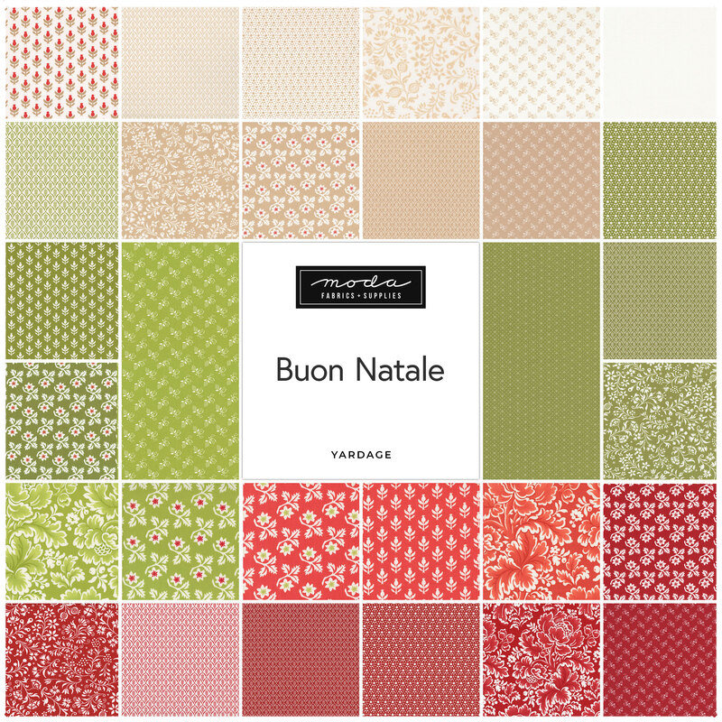 Collage of the fabrics included in the Buon Natale collection, minus the five panel options.