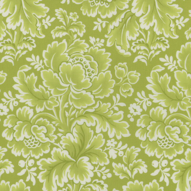 Light green fabric with a vintage pattern of large white and green vintage florals.