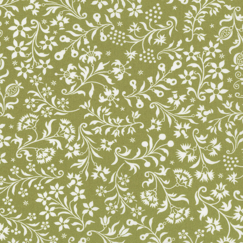 Green fabric with white twisting, ornamental leaf and flower designs.