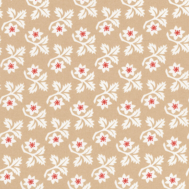 Light tan fabric with rows of white angular leaves and flowers with red centers.