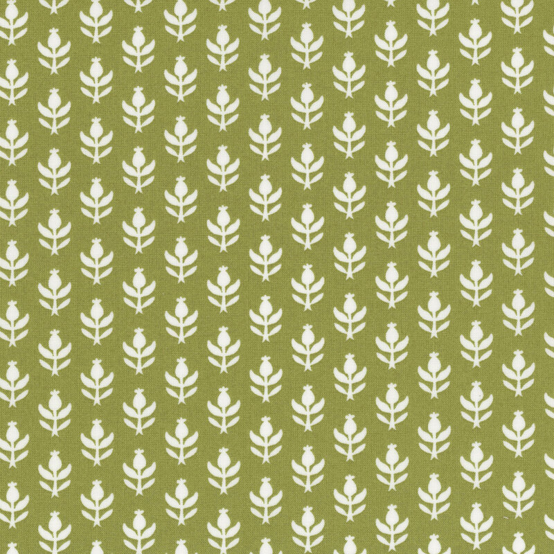 Rows of white thistles and leaves on a green background.