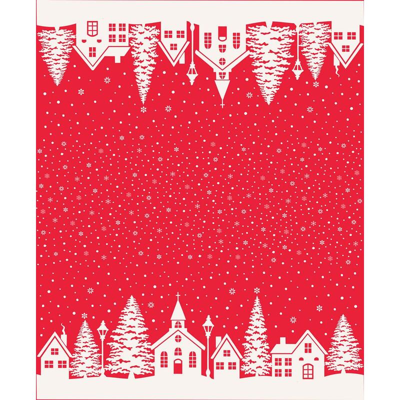 Red border print with red snow flurries and rows of white houses and churches running along either fabric border.