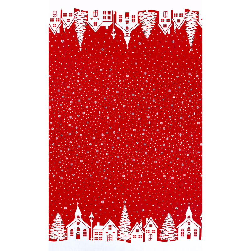 Red border print with red snow flurries and rows of white houses and churches running along either fabric border.