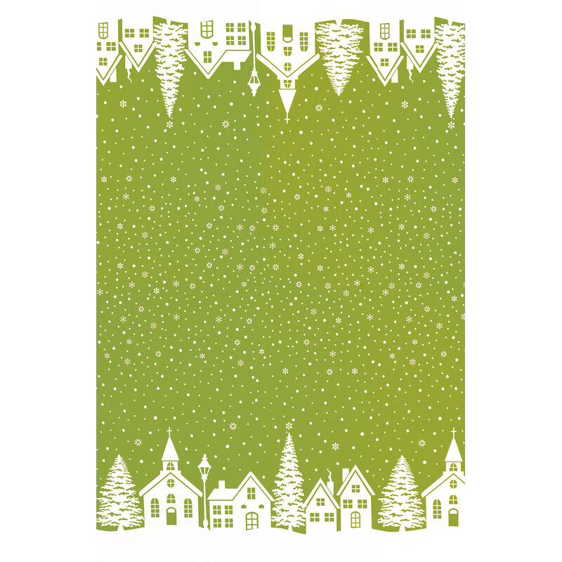 Green border print with red snow flurries and rows of white houses and churches running along either fabric border.