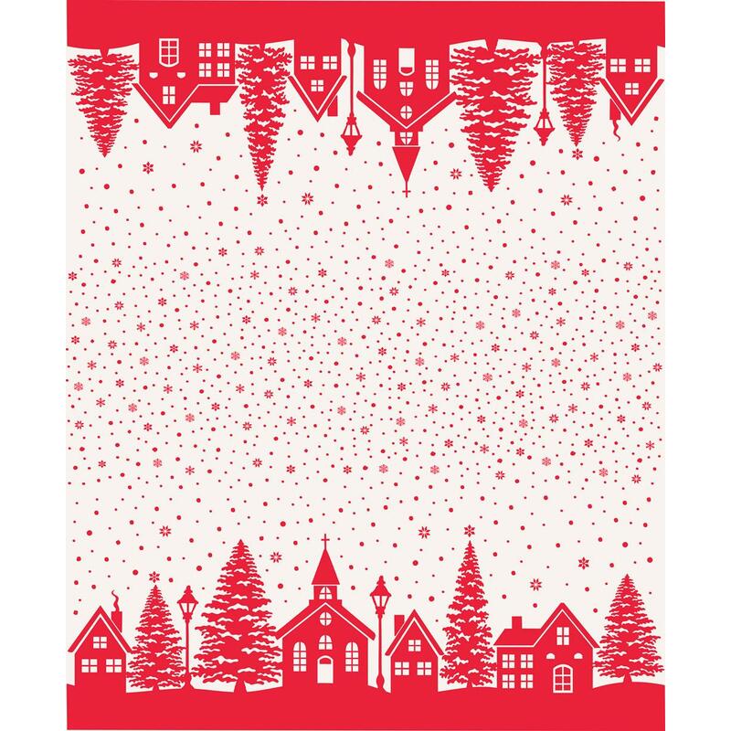 White border print with red snow flurries and rows of red houses and churches running along either fabric border.