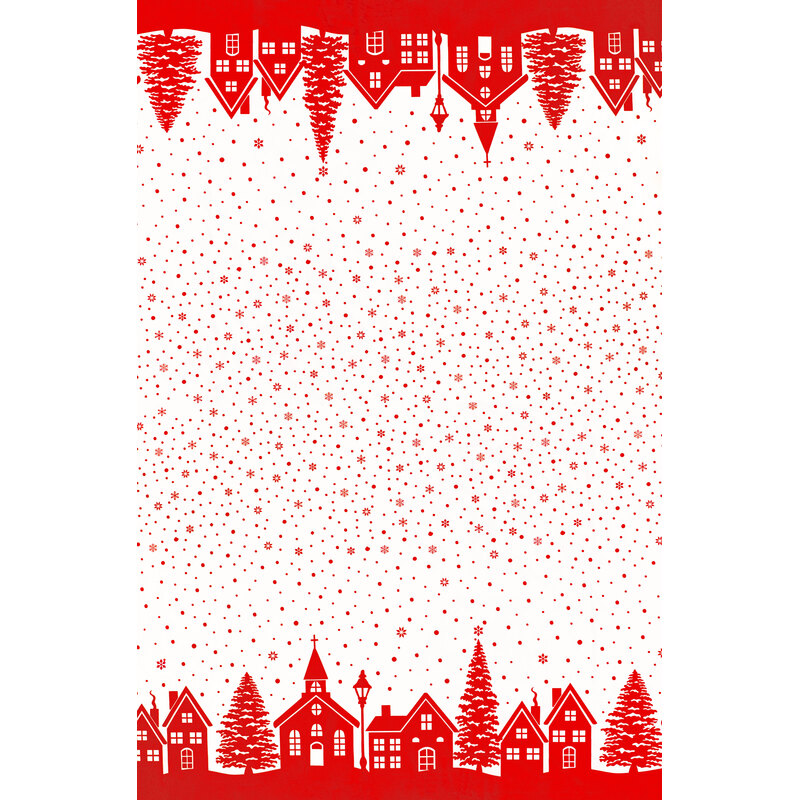 White border print with red snow flurries and rows of red houses and churches running along either fabric border.