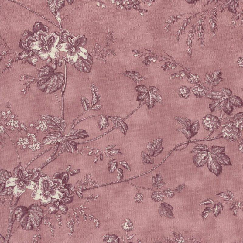 Floral pattern featuring purple roses and leaves on a pink mauve background.