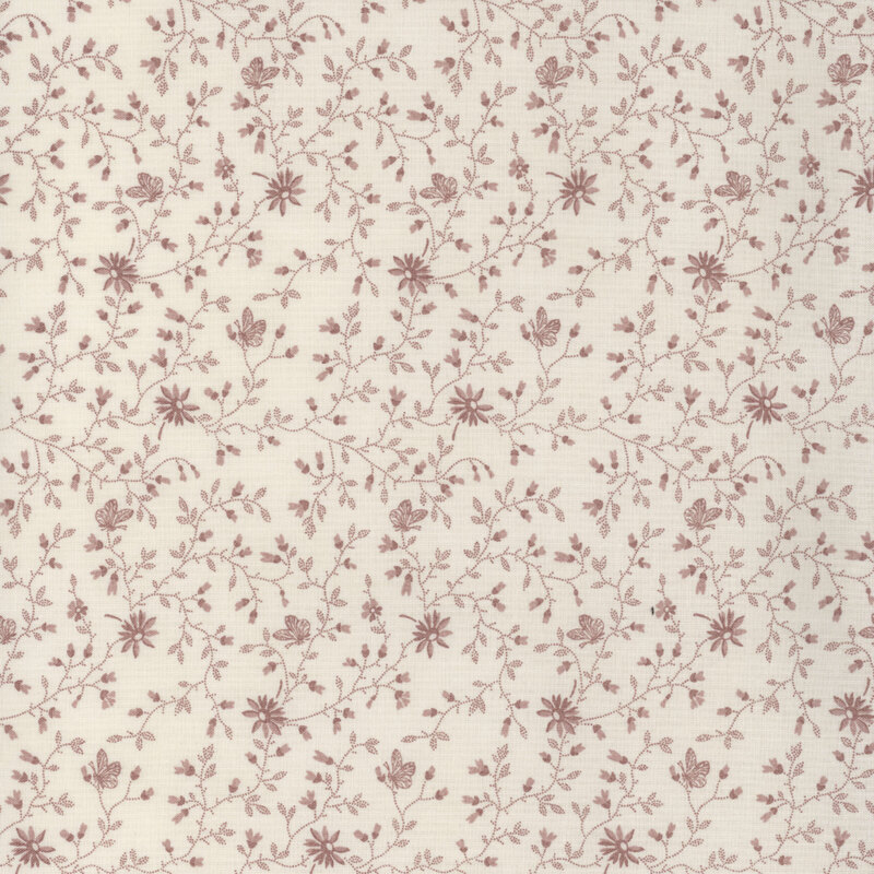 Floral pattern featuring small pink flowers and vines on a cream background.