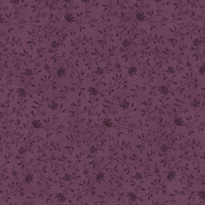 Floral pattern featuring small dark purple flowers and vines on a plum background.