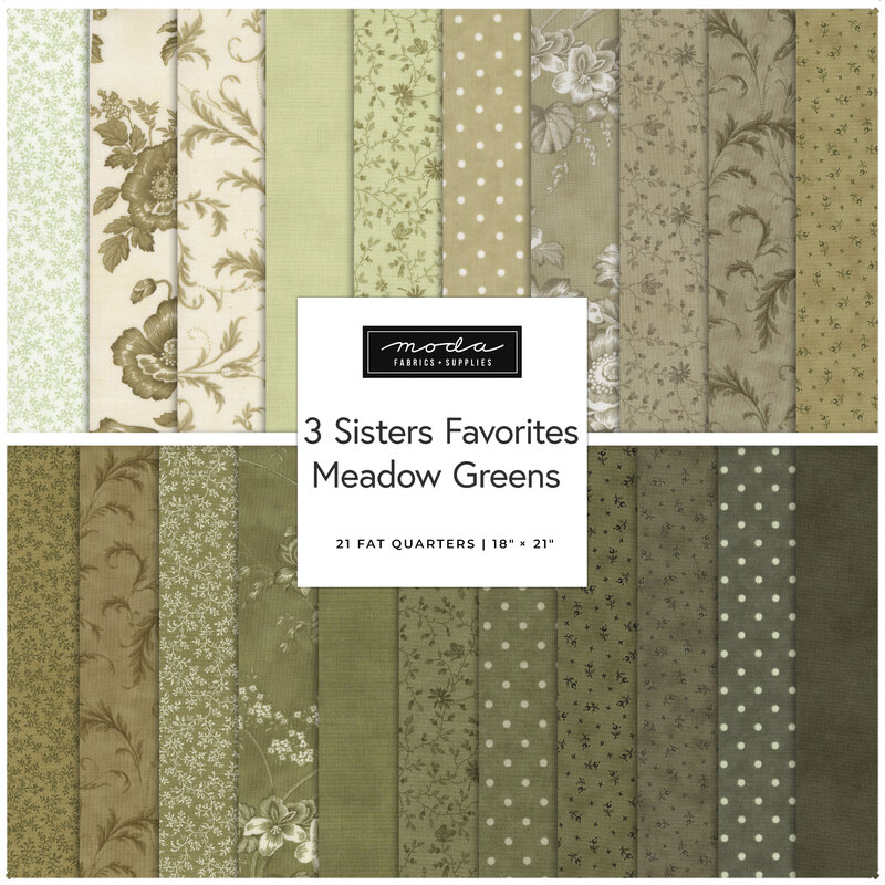 Image of fabric swatches in various shades of green, labeled 3 Sisters Favorites Meadow Greens.