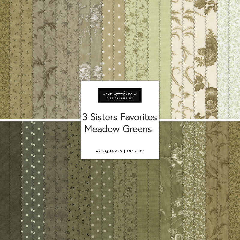 A fabric swatch display featuring various shades of green in patterns, labeled Meadow Greens by 3 Sisters.