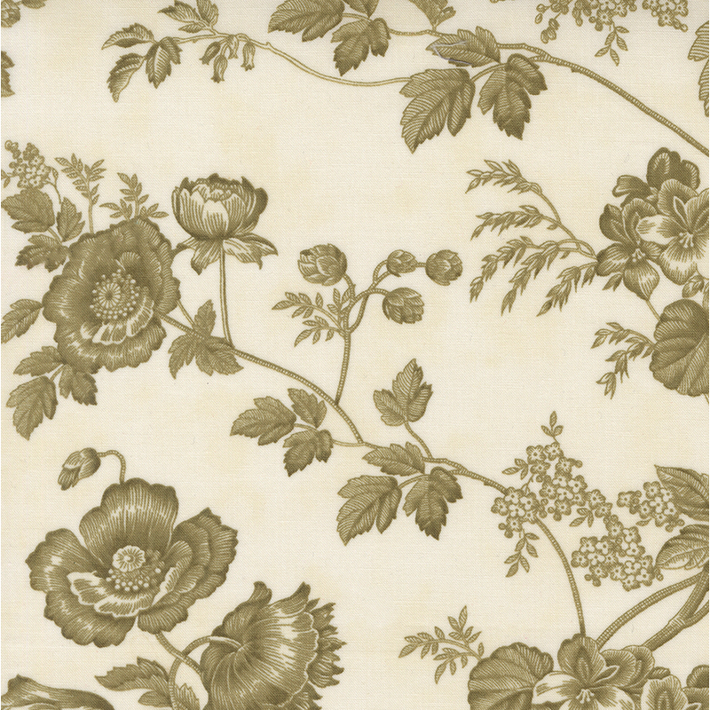 Floral fabric featuring leafy vines and various flowers in muted green on a light background.