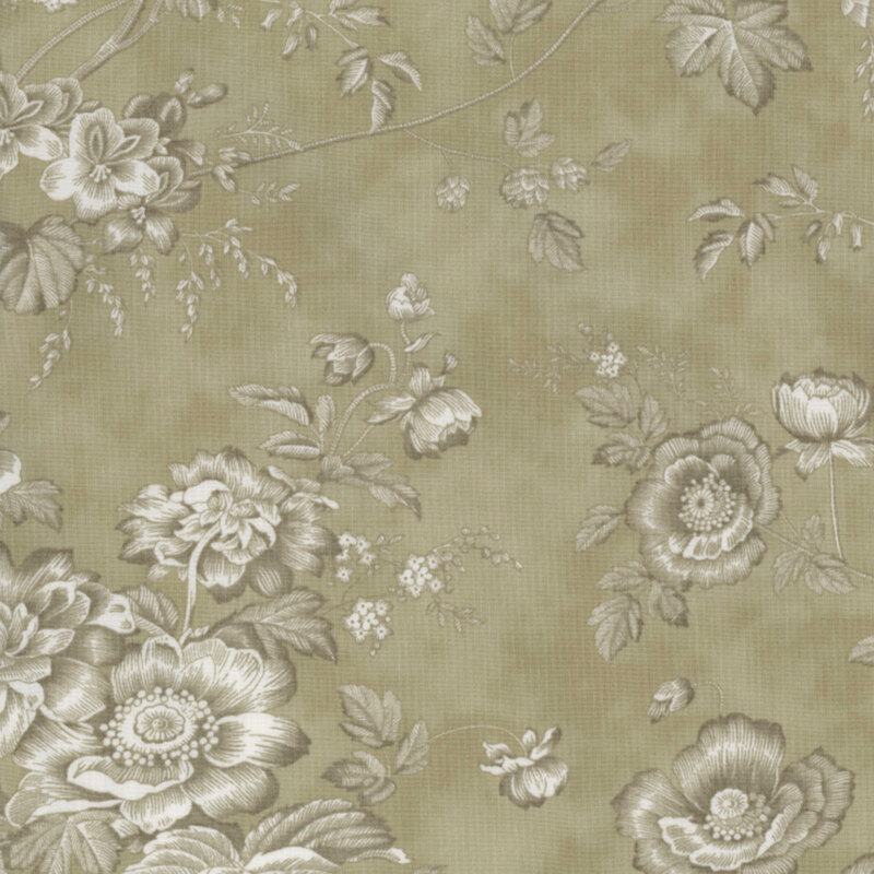 Floral pattern in soft gray on a muted green background, featuring various detailed flowers and leaves.