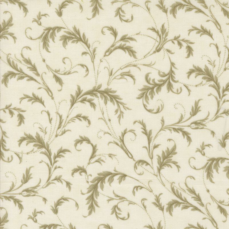 Fabric with delicate green vines on a light beige background.