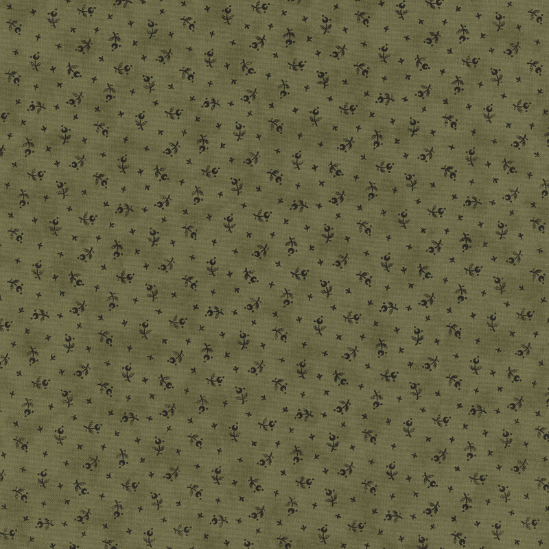 Fabric in olive green featuring small, dark leafs elements evenly spaced throughout.