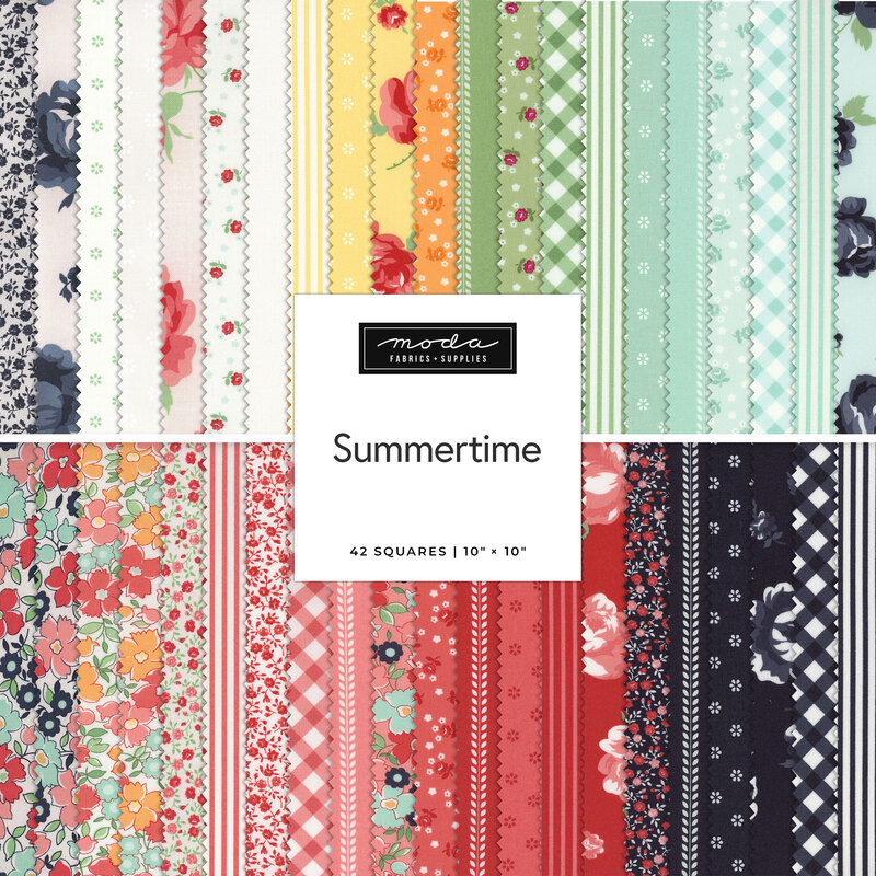 A collage of colorful fabrics in the Summertime collection