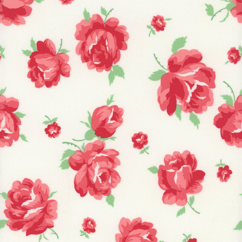 Fabric featuring large red roses with smaller buds on a cream background.