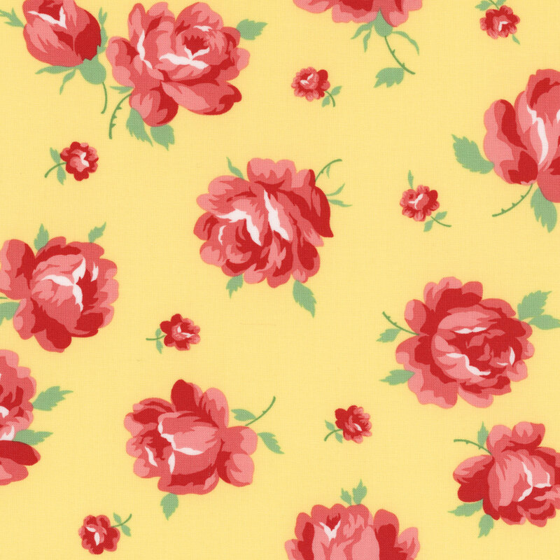 Fabric featuring large red roses with smaller buds on a yellow background.