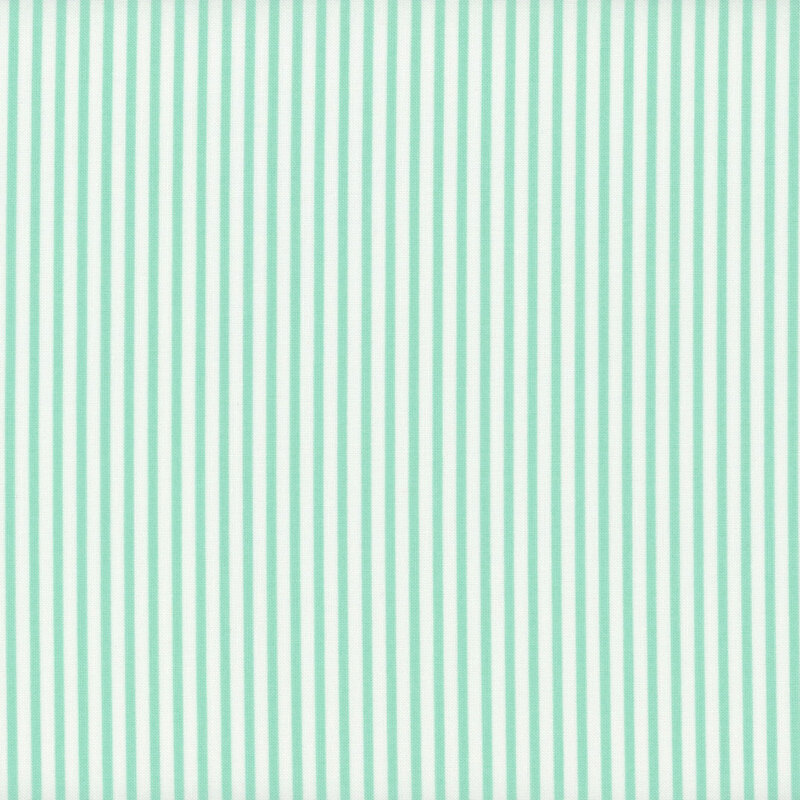 White and light aqua thinly striped fabric