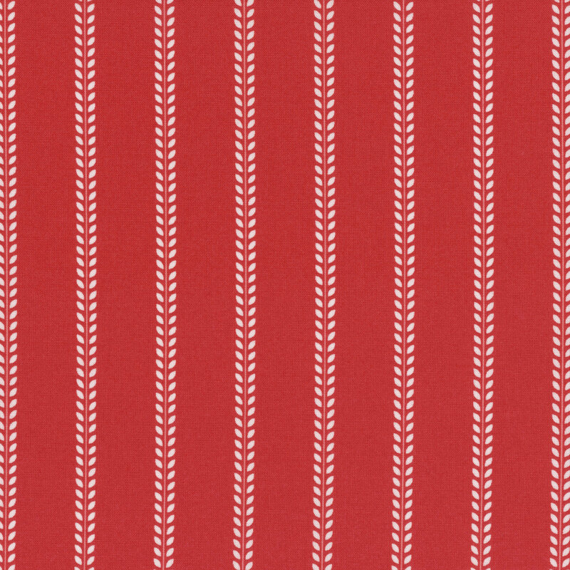 Repeating pattern of vertical white leaf motifs on a red background.