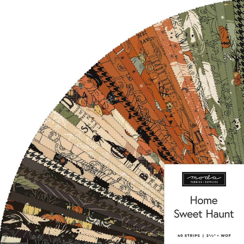 A fanned collage of black, green, orange, and cream fabrics in the Home Sweet Haunt collection.