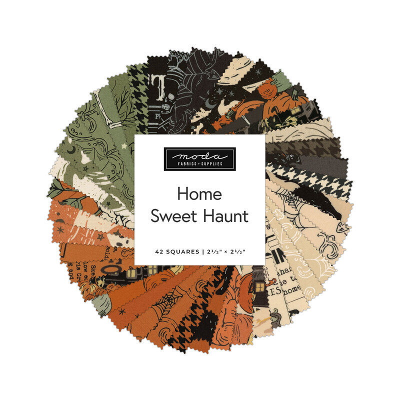 A spiral collage of black, green, orange, and cream fabrics in the Home Sweet Haunt collection.