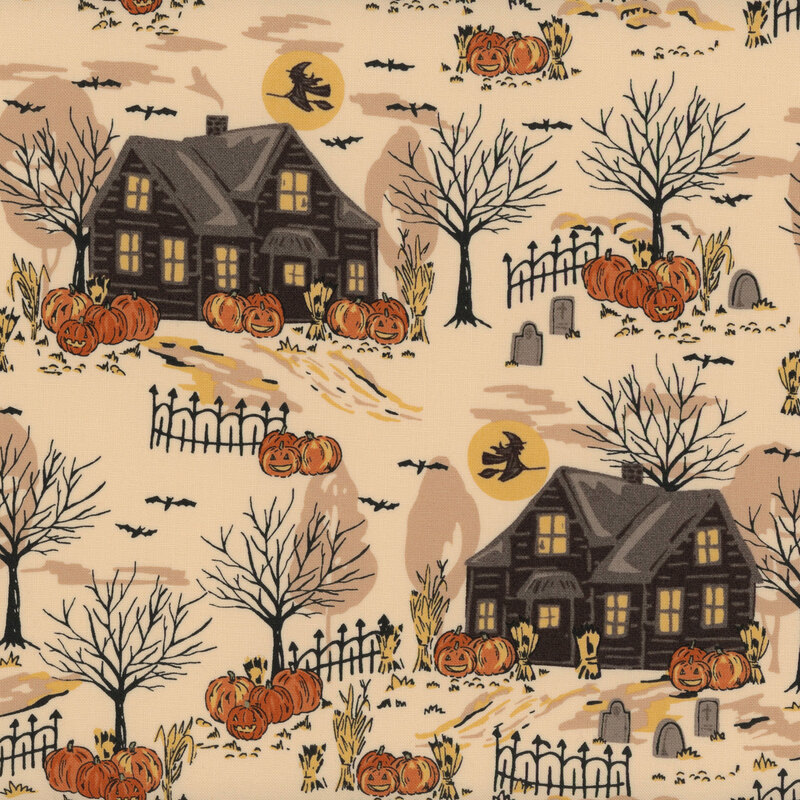 Cream fabric with a Halloween-themed neighborhood design with witches flying across the silhouette of the moon.