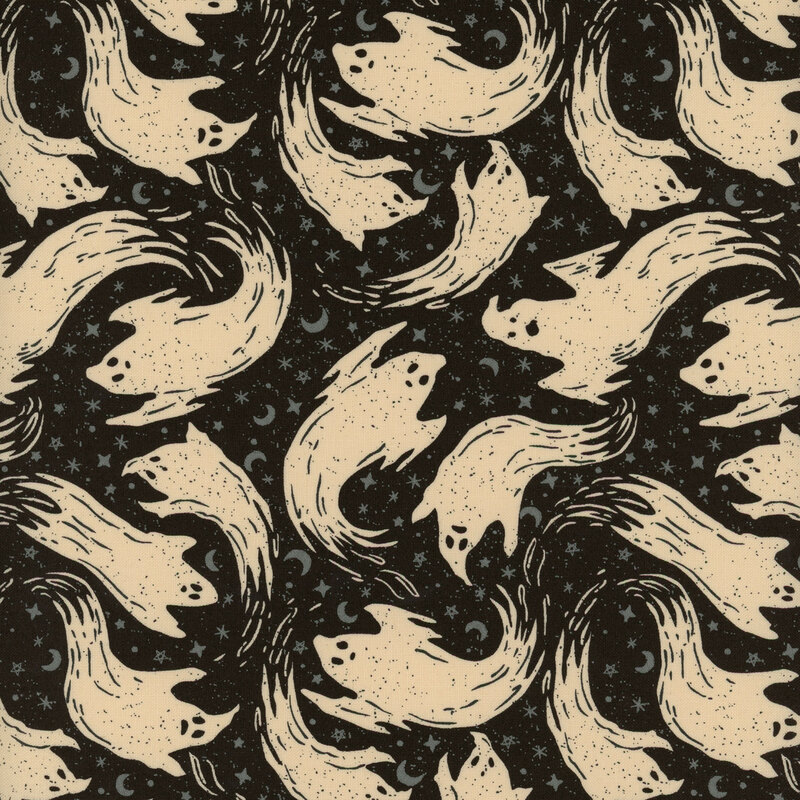 Black fabric with swirling flying ghosts on a scattered background of black crescent moons and stars.