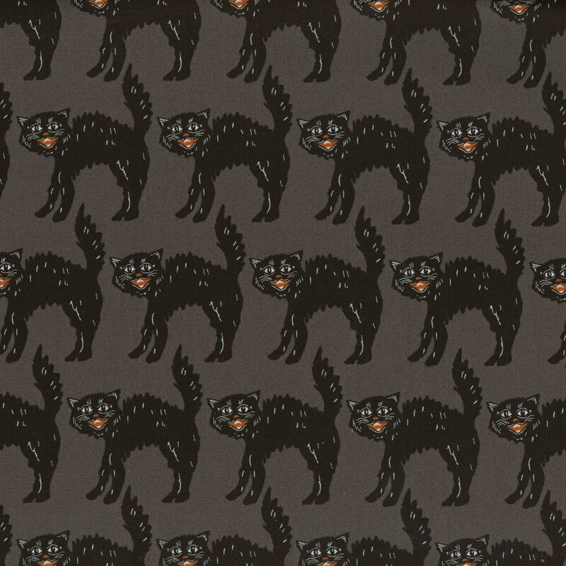 Dark gray fabric with symmetrical rows of hissing black cats.