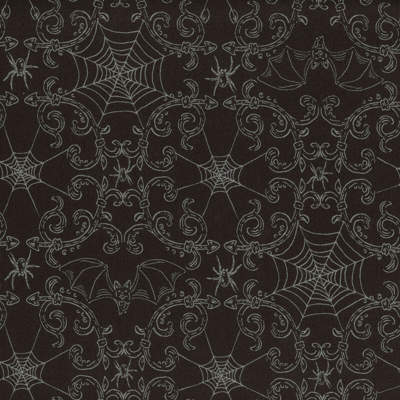 Black fabric with connected intricate spiderwebbing and ornate swirls with bats and spiders hidden in the imagery.