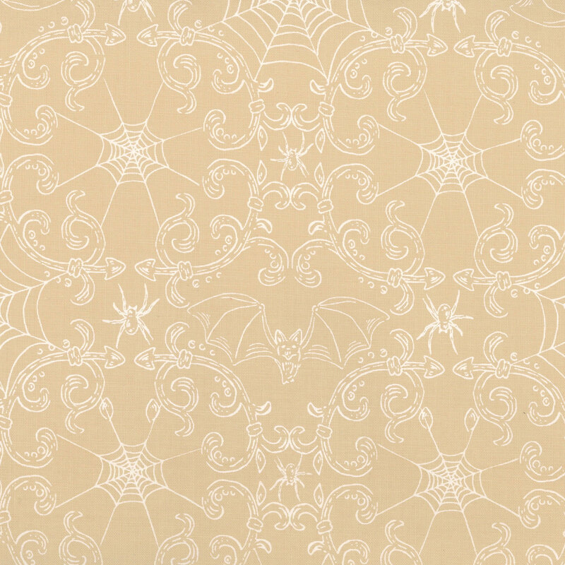 Cream fabric with connected intricate spiderwebbing in white and ornate swirls with bats and spiders hidden in the imagery.