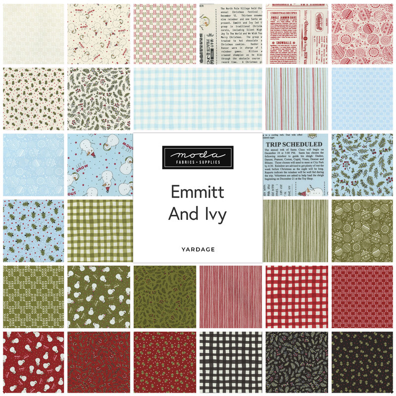 Grid of various fabric swatches featuring patterns in red, green, blue, and neutral tones with “Emmitt And Ivy” label.