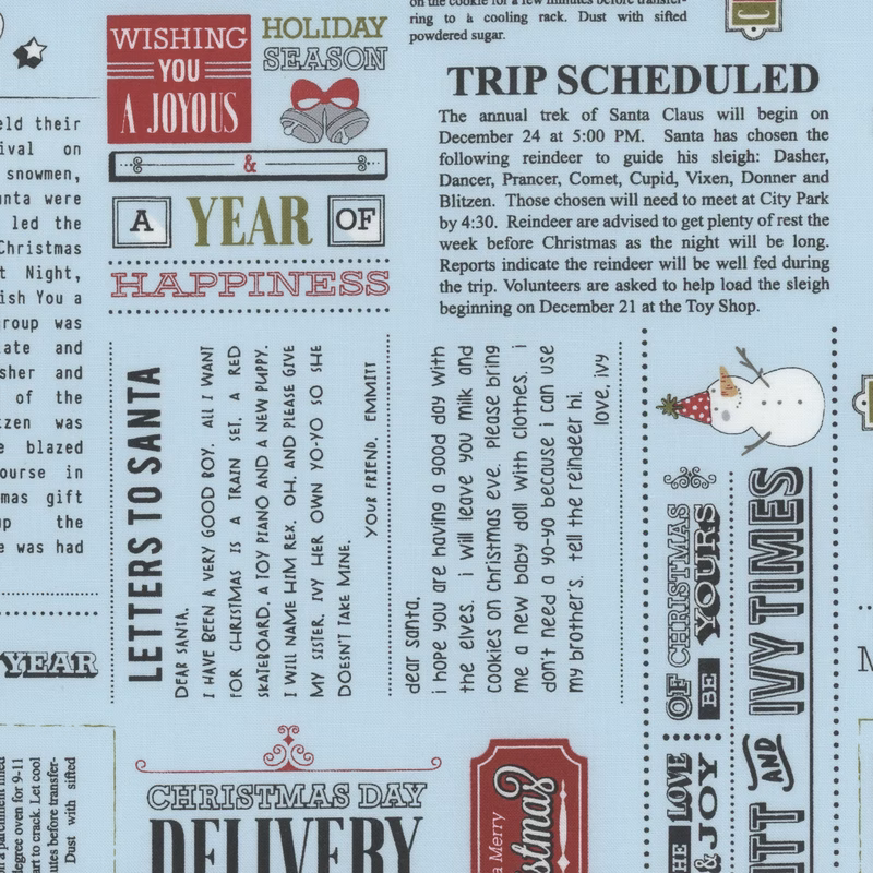 Decorative holiday-themed fabric featuring messages about Santa, a trip schedule, and letters to Santa.