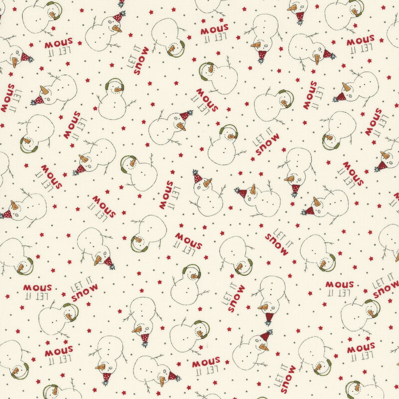 A patterned fabric featuring cheerful snowmen, festive text, and red stars on a cream background.