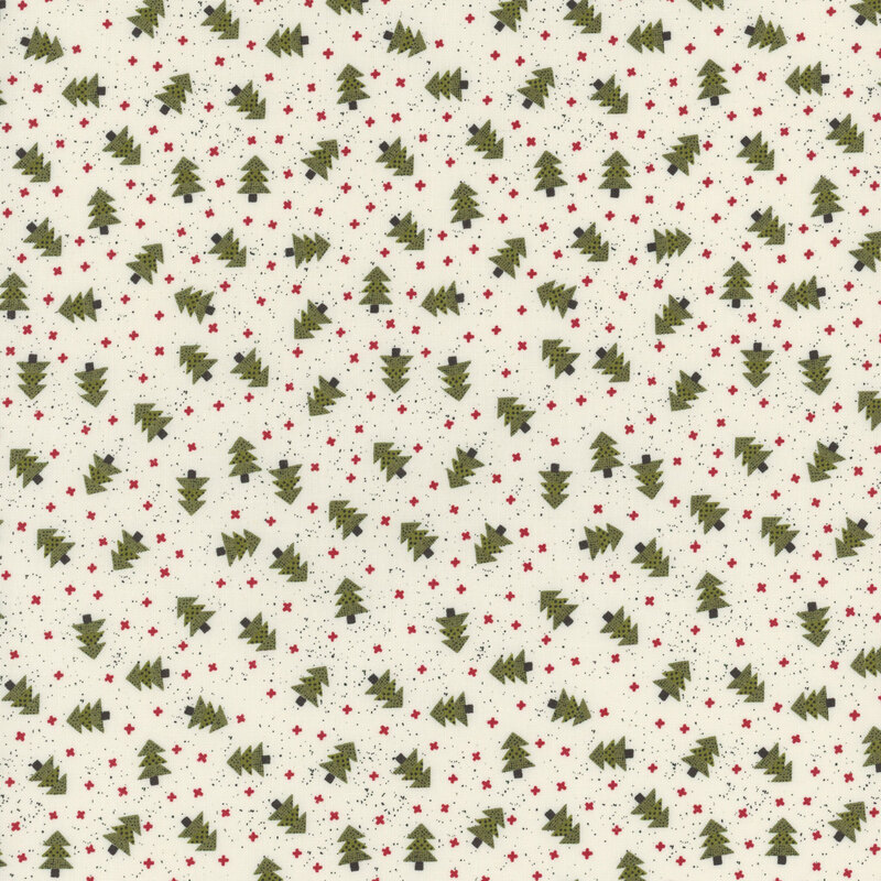 Pattern of small green Christmas trees and red stars on a light beige fabric.