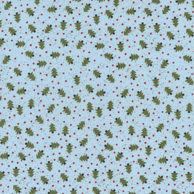 Pattern of small green Christmas trees and red stars on a light blue fabric.