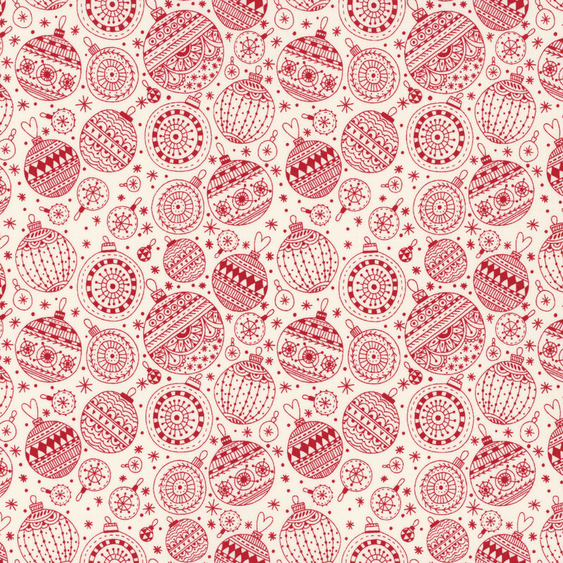 Red and white patterned fabric featuring various Christmas ornaments and stars.