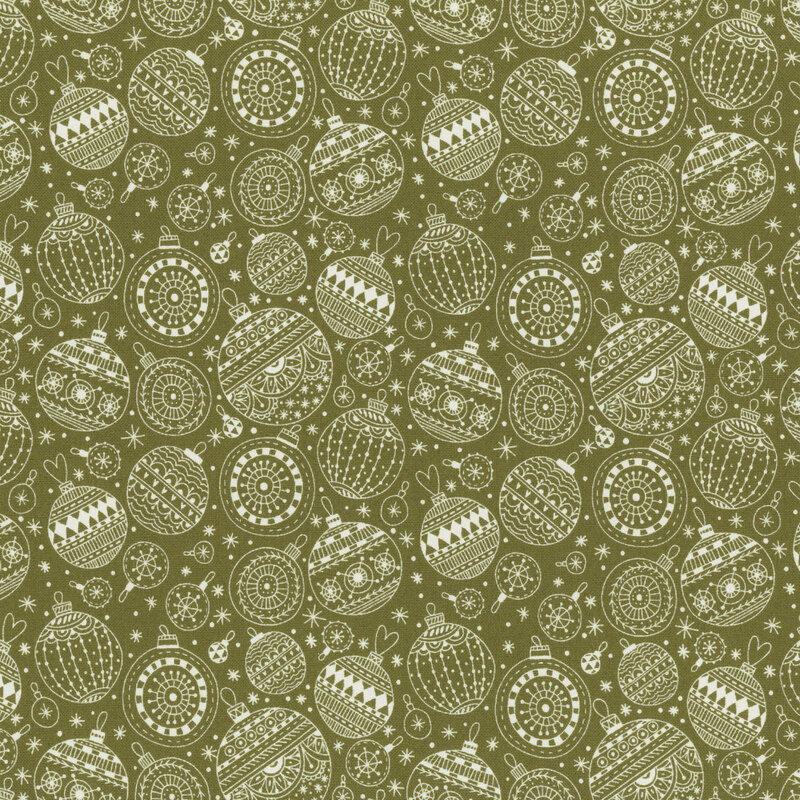 A patterned fabric featuring various decorative Christmas ornaments in white on an olive green backdrop.