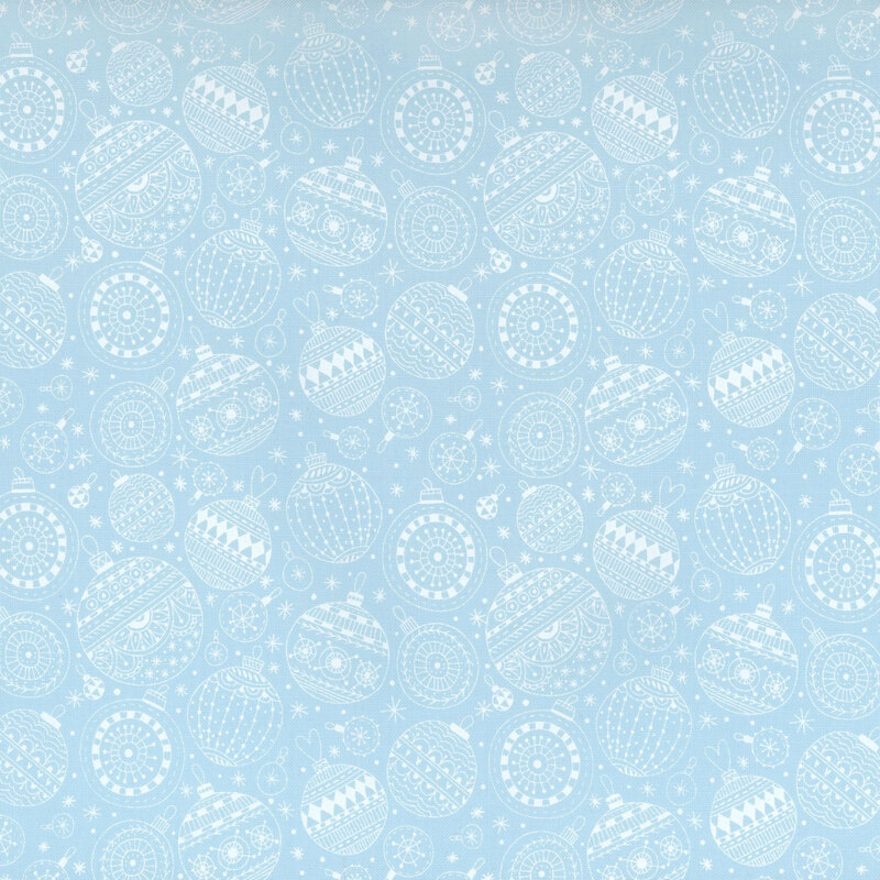 Light blue fabric featuring a variety of white circular patterns and designs.